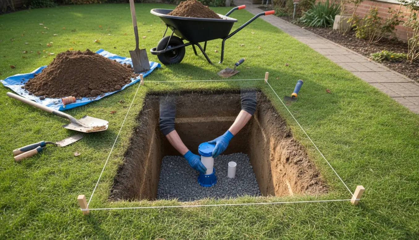 Et kvadratisk hul på cirka én meter dybt i en have, hvor handskerede hænder sænker en stophane og rør ned i hullet.