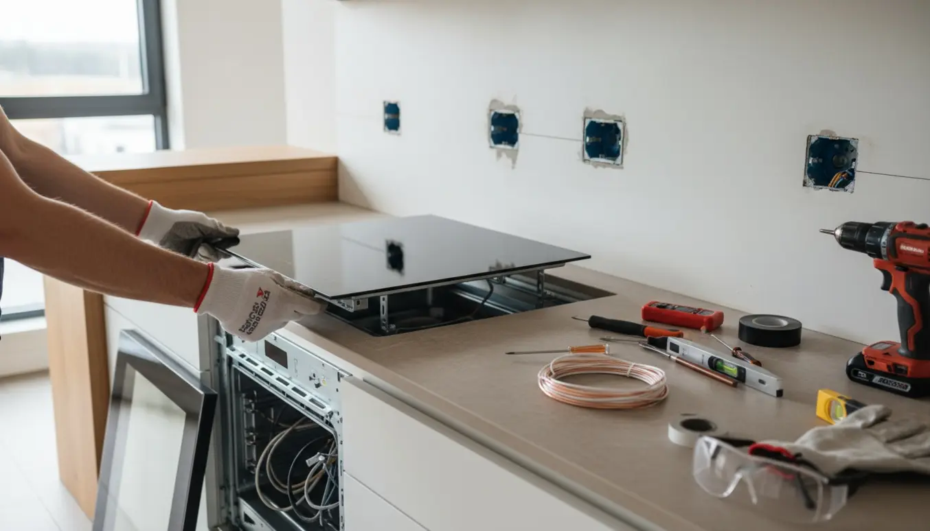 Elektrikerhænders arbejde med at montere ovn, induktionsplade og elstik i et moderne køkken.