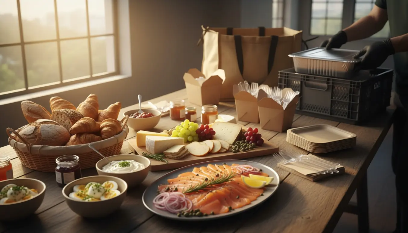 Cateringbord med morgenmad og brunchfade med brød, oste, røget laks, æg og papir/plast bestik klar til levering.