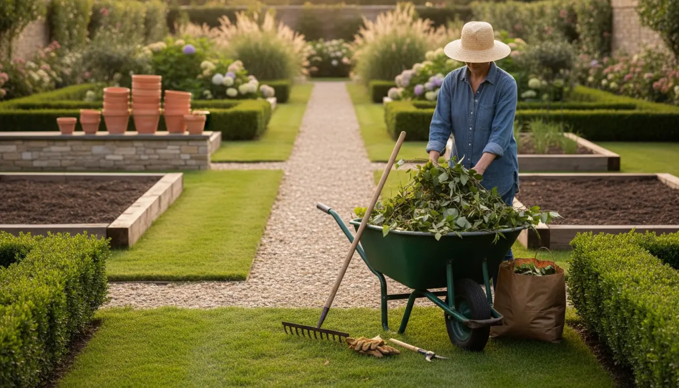 Ryddet have med trillebør fyldt med afklippede grene og haveredskaber ved en velplejet plæne.
