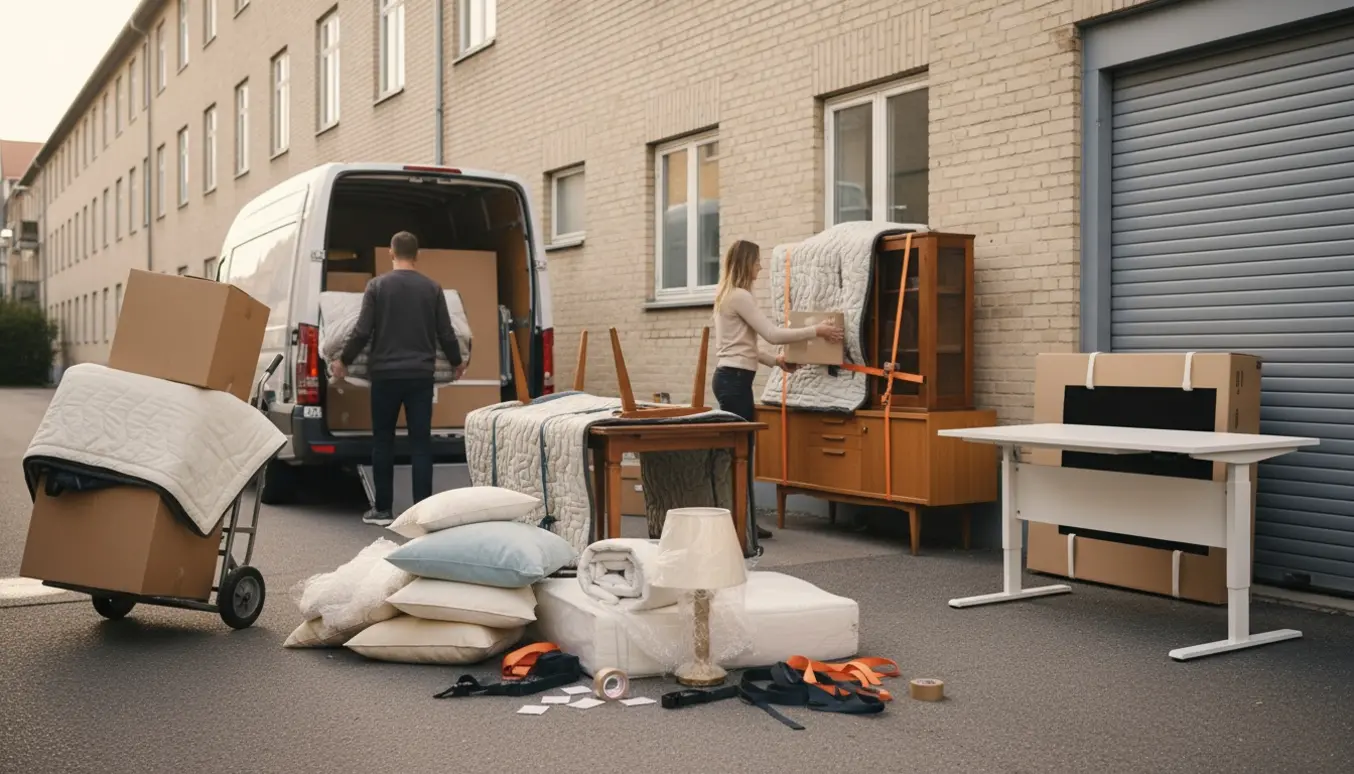 Flyttesituation med flyttebiler, beskyttede møbler og stabler af flyttekasser ved indgang til lejlighed.