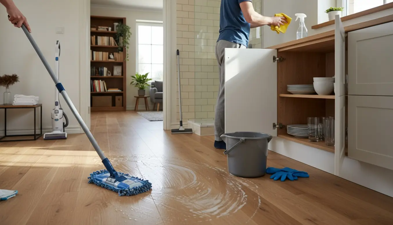 Forårsrengøring i lyst parcelhus med vådmoppe på trægulv og en person set bagfra, der pudser køkkenskabe.
