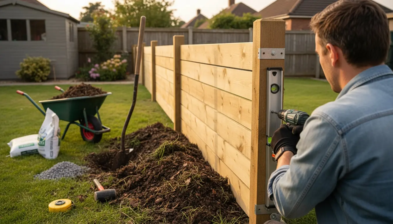 Montering af et nyt træhegn i en baghave for at skjule en stor kompostbunke.