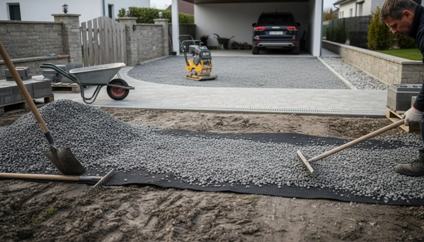 Udgravning og stabilisering af indkørsel med geotextil, knust grus og komprimeringsudstyr ved hus og carport.