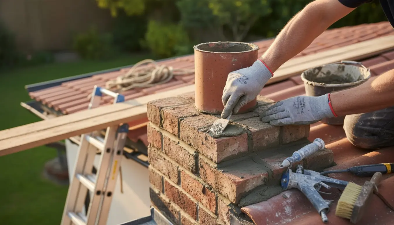 Nærbillede af hænder, der omfuger en skorsten på et étplanshus med værktøj og frisk mørtel.