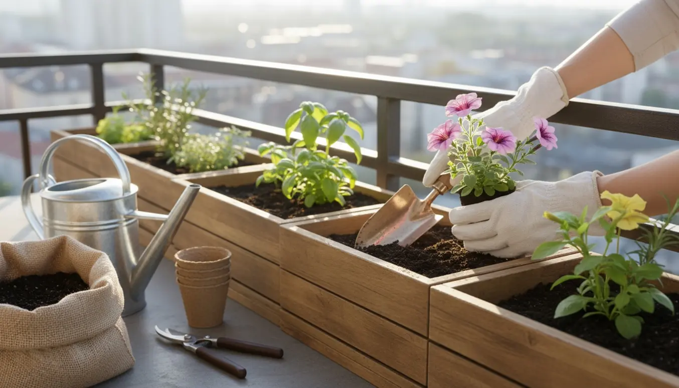 Fire blomsterkasser på en solrig altan, hvor hænder planter blomster i pottemuld med haveredskaber.