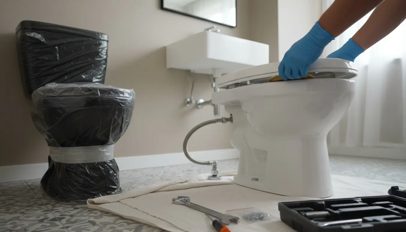 Installatørens handsætter et nyt toilet i et badeværelse med værktøj og det fjernede toilet sat til side.