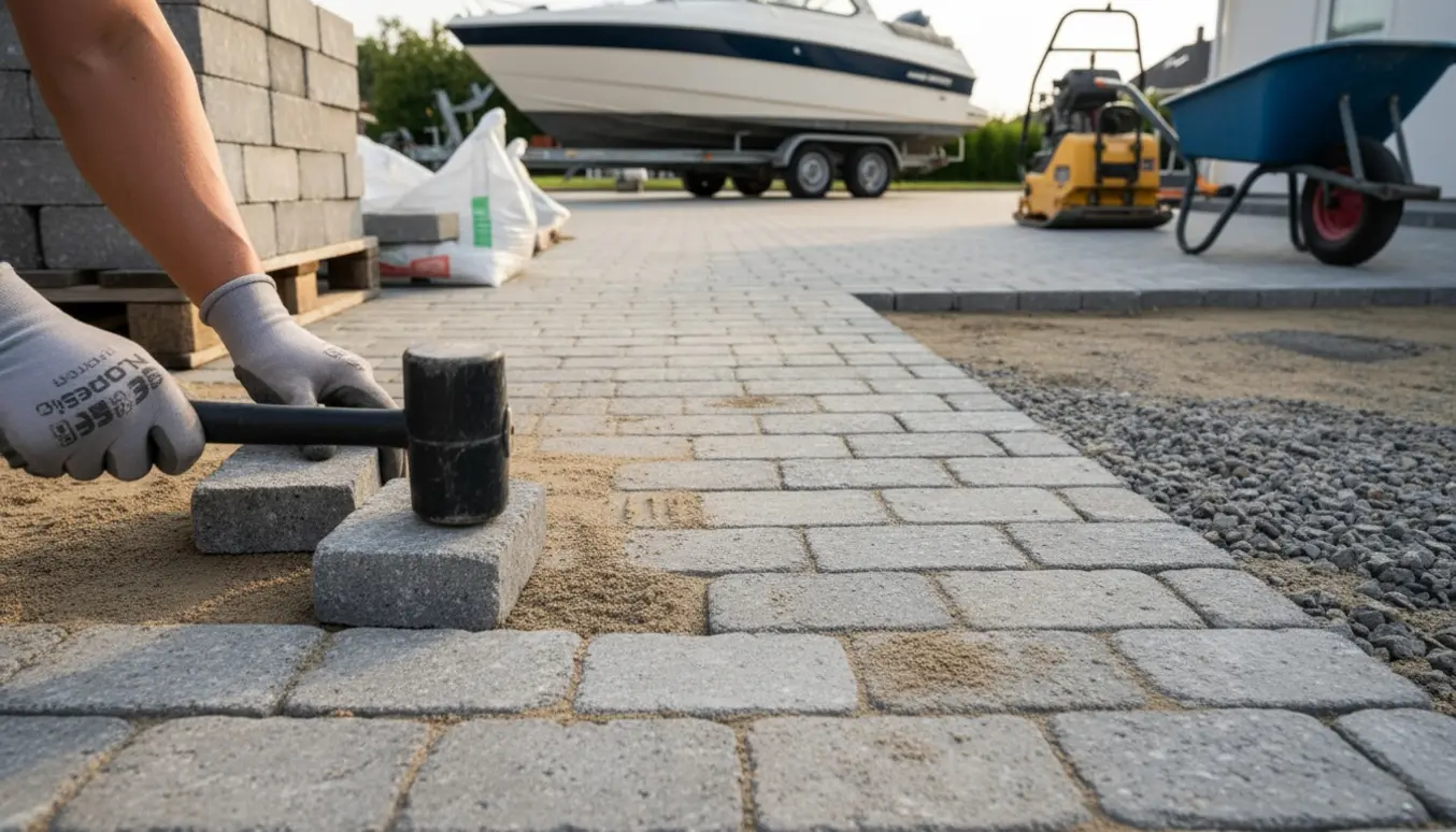 Ny herregårdsstensbelægning i forhaven med værktøj og trailerbåd i baggrunden.