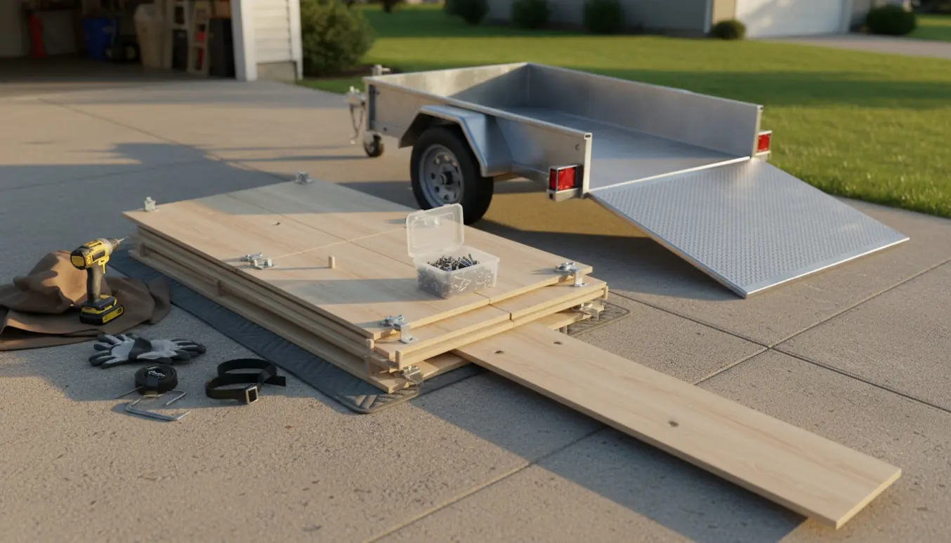 Fladtpakket klædeskab skilt ad og stablet ved en åben trailer på indkørsel, klar til bortskaffelse.