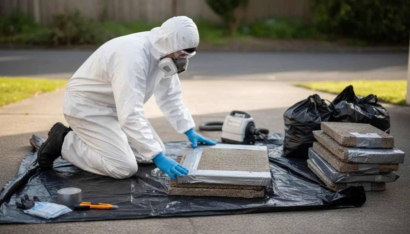 Person i beskyttelsesdragt indpakker mistænkelige fiberplader i sort plast til bortskaffelse.