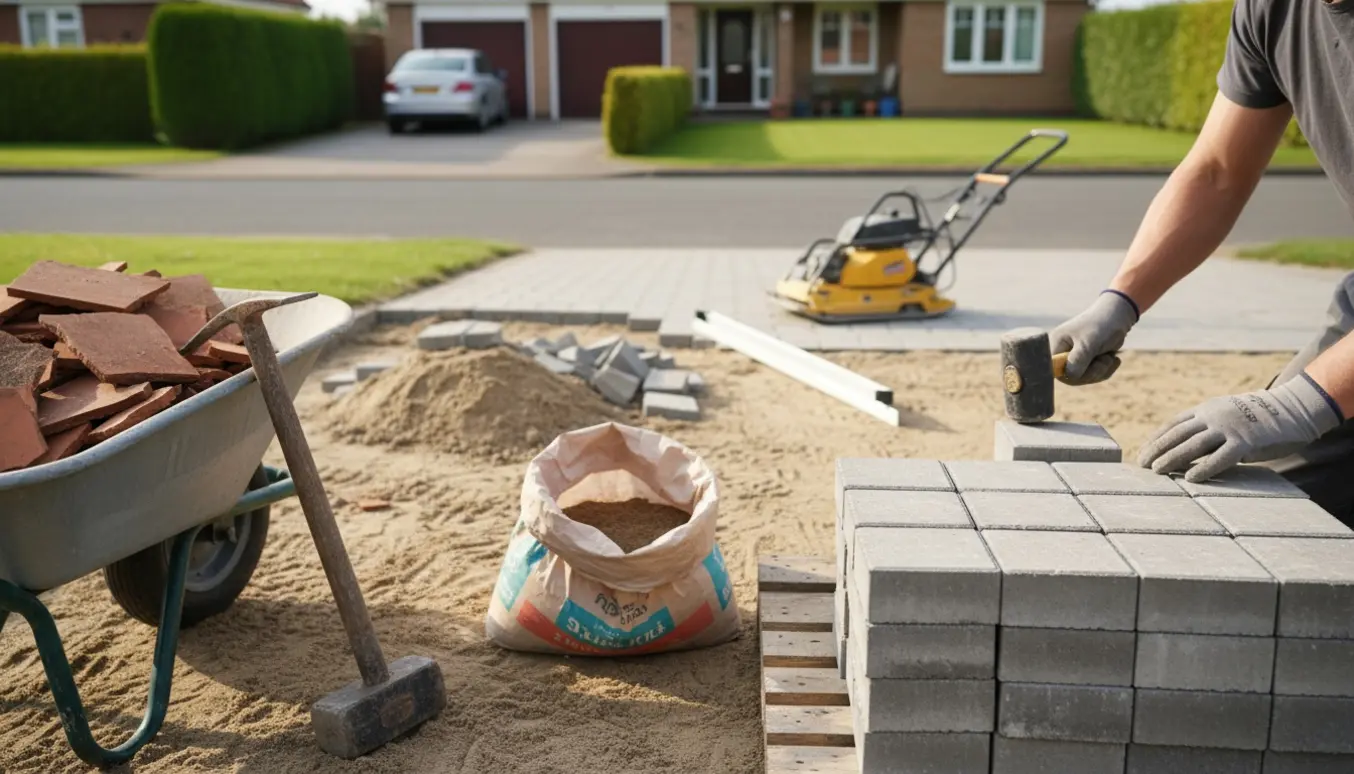 Nærbillede af fjernelse af gamle fliser og lægning af nye fliser i en opkørsel ved et parcelhus.
