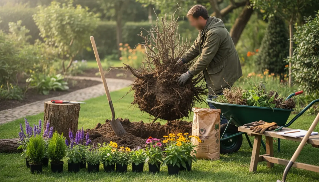 Lille have hvor en død busk fjernes, med havedredskaber og hækplanter klar til plantning.