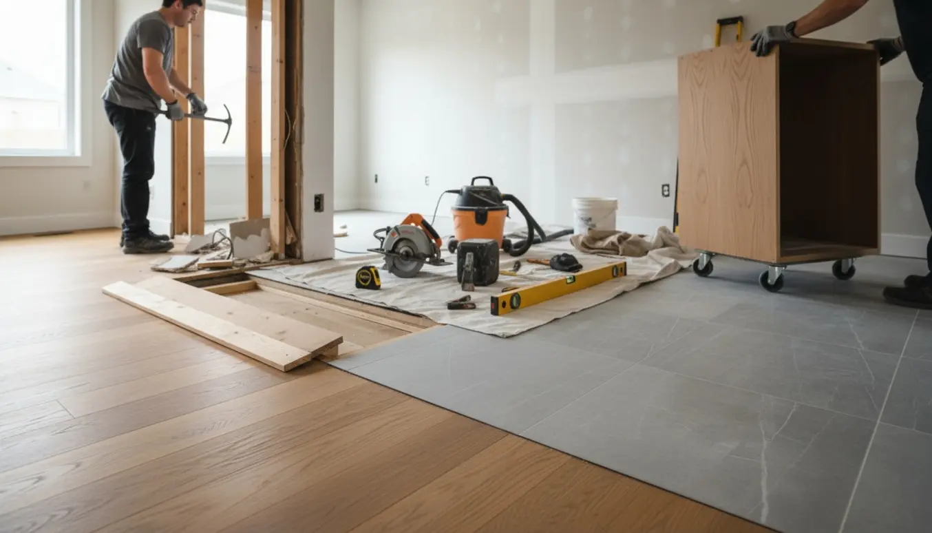 Partielt nedrevet indervæg mellem to rum med værktøj og en midlertidig blød gulvovergang.