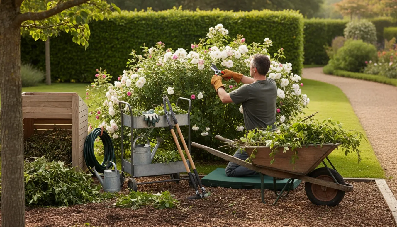 En gartner set bagfra klipper en busk i en velplejet have med værktøj og en vogn fyldt med afskårne grene.