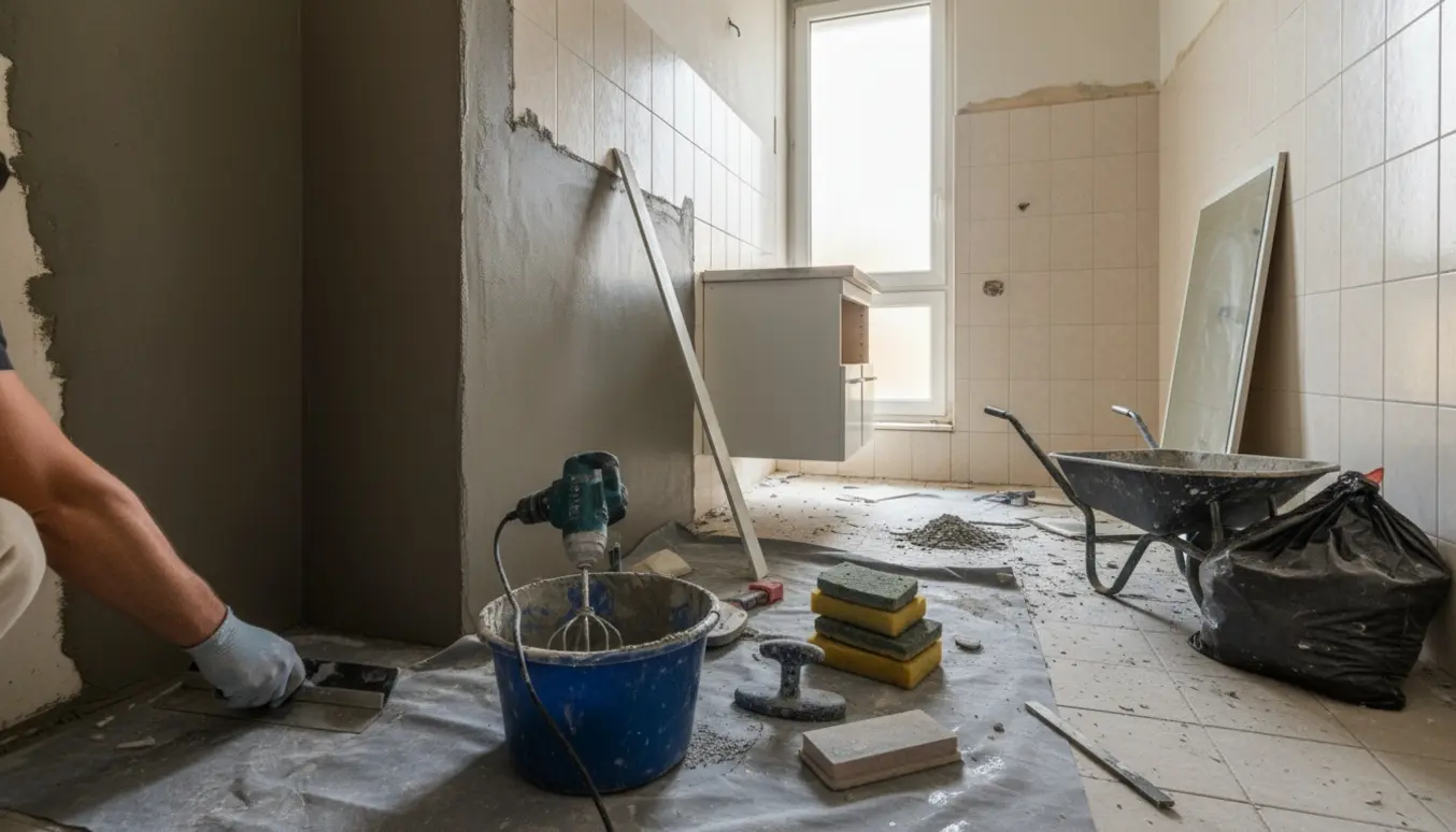 Lille badeværelse under renovering, hvor microcement påføres med værktøj og materialer lagt frem.