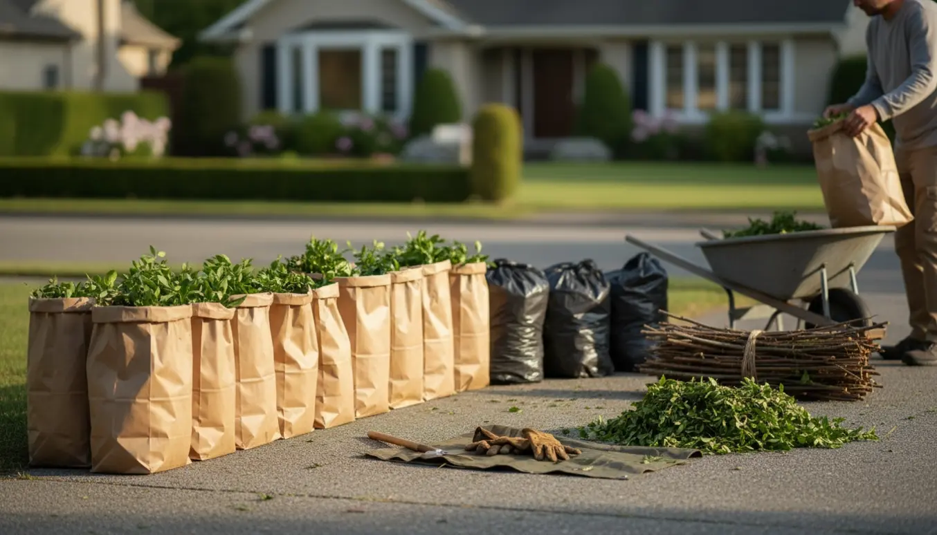 Fyldte haveaffaldsposer, bundter af smågrene og nyslået hækkeklip klar til afhentning i en forhave.