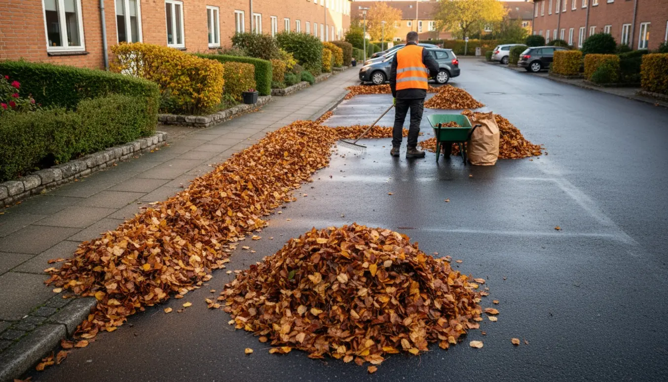 En person fejer faldne efterårsblade langs husrækken og parkeringspladsen i Risskov.
