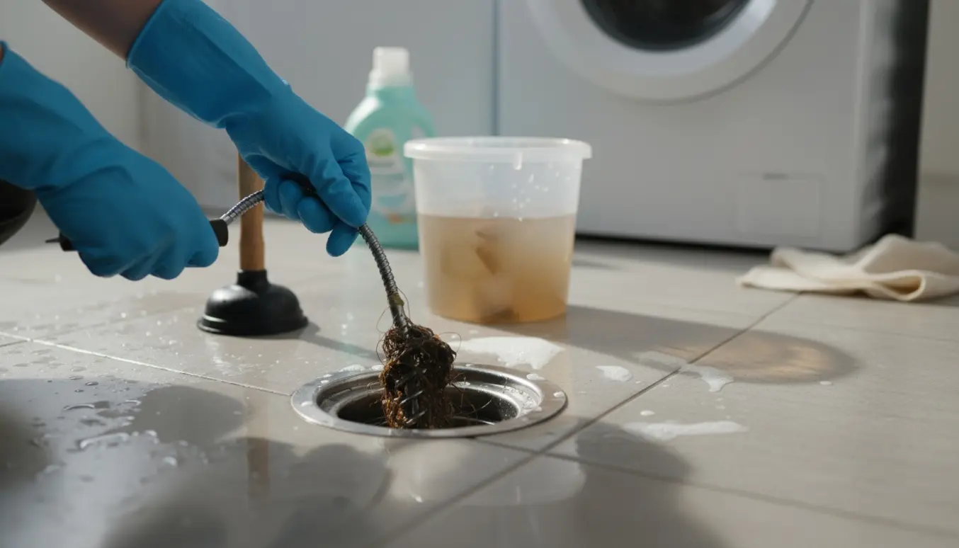 Nærbillede af hænder i gummihandsker, der renser et delvist tilstoppet gulvafløb i et bryggers.