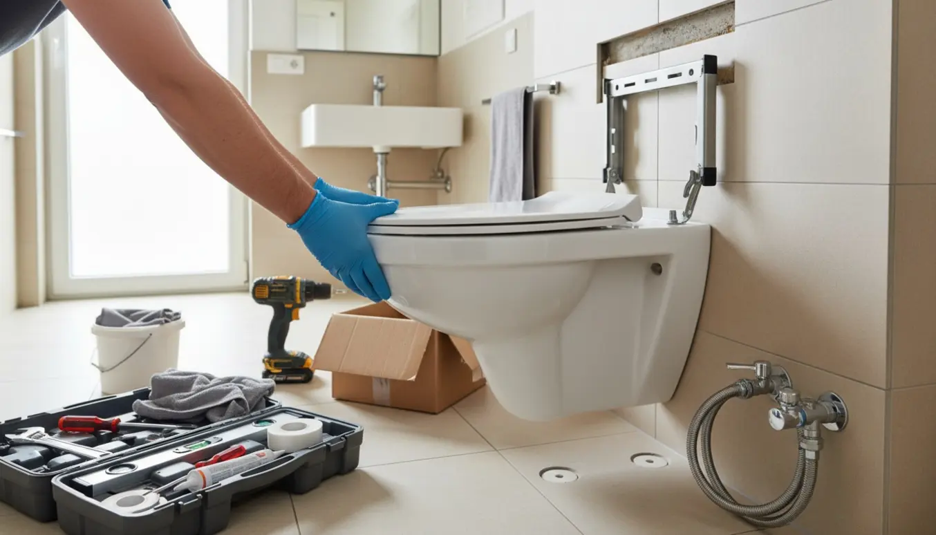 Nyt væghængt toilet er ved at blive monteret i et lyst badeværelse med værktøj klar.