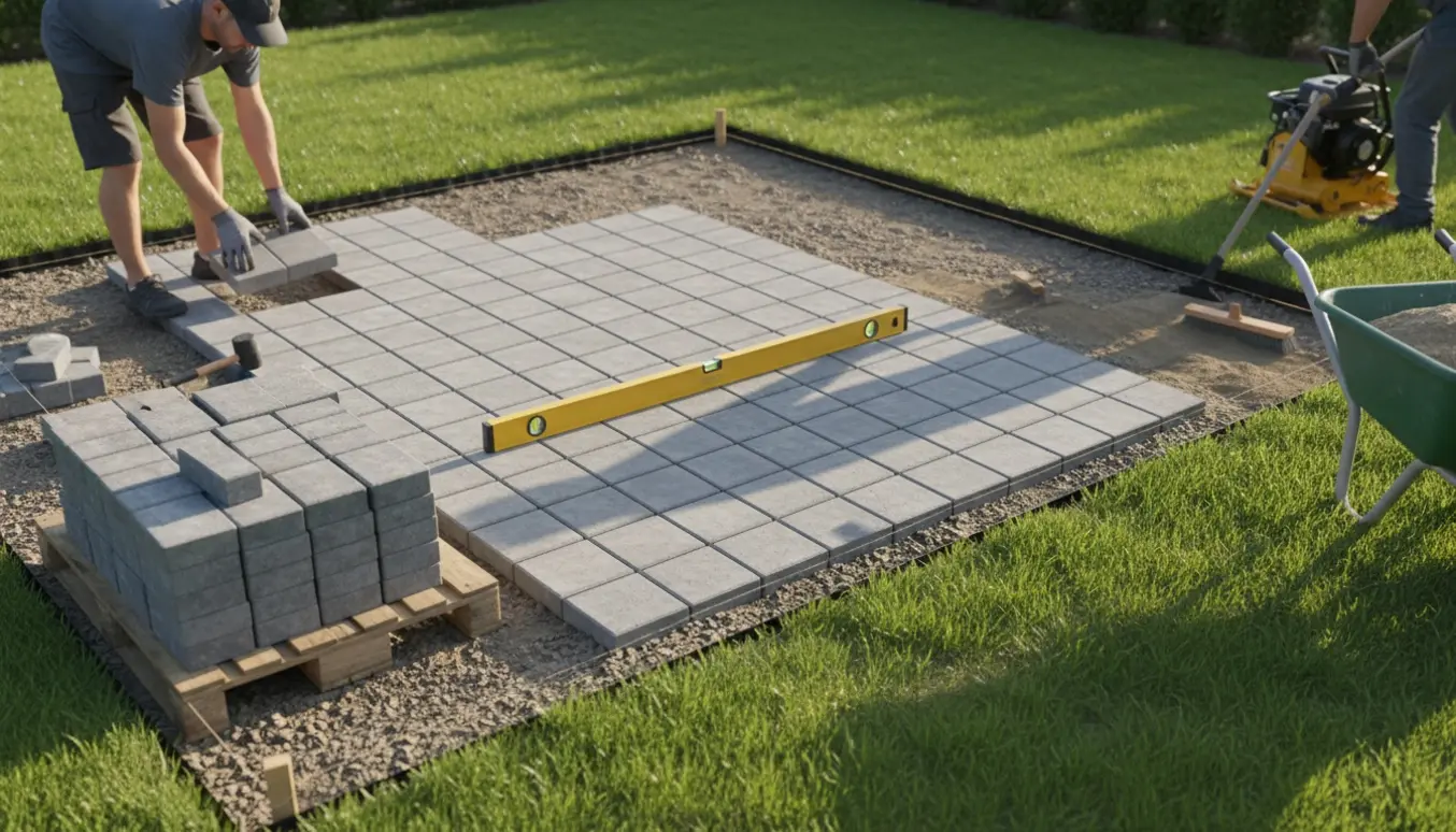 Bygning af en rektangulær terrasse med firkantede fliser, snore og værktøj på en ryddet græsplæne.