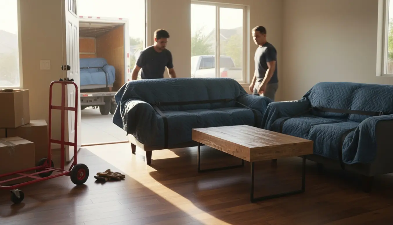Et 3-persons og 2-persons sofasæt samt et sofabord bæres ud af en stue mod en åben flyttevogn på indkørslen.