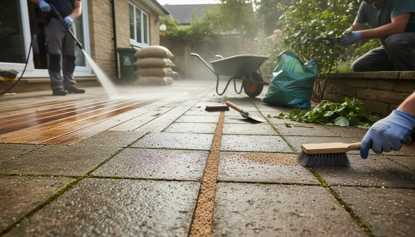 Fliser og træterrasse rengøres med højtryksrenser, fuger fyldes med sand, og roser beskæres mens affald samles i sække.