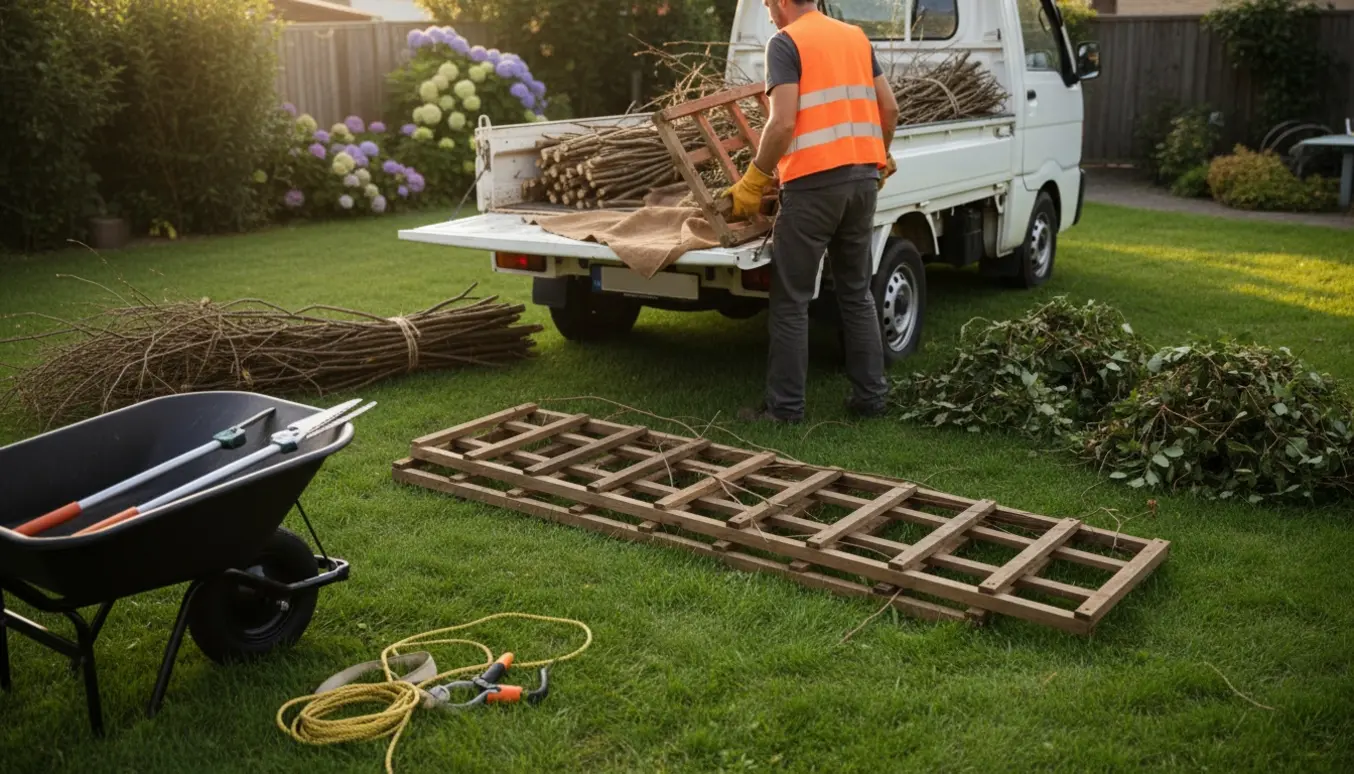 Fældet træespalier og bunker af haveaffald ved en varebil klar til afhentning.