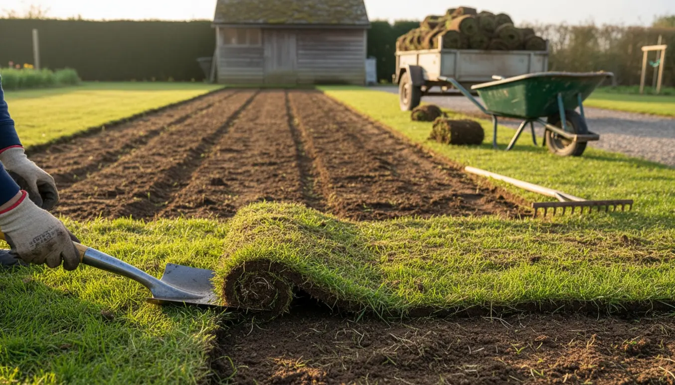 Græs fjernes fra et langt havebed med skovl i forgrunden og en trailer fyldt med opstablet tørv i baggrunden.