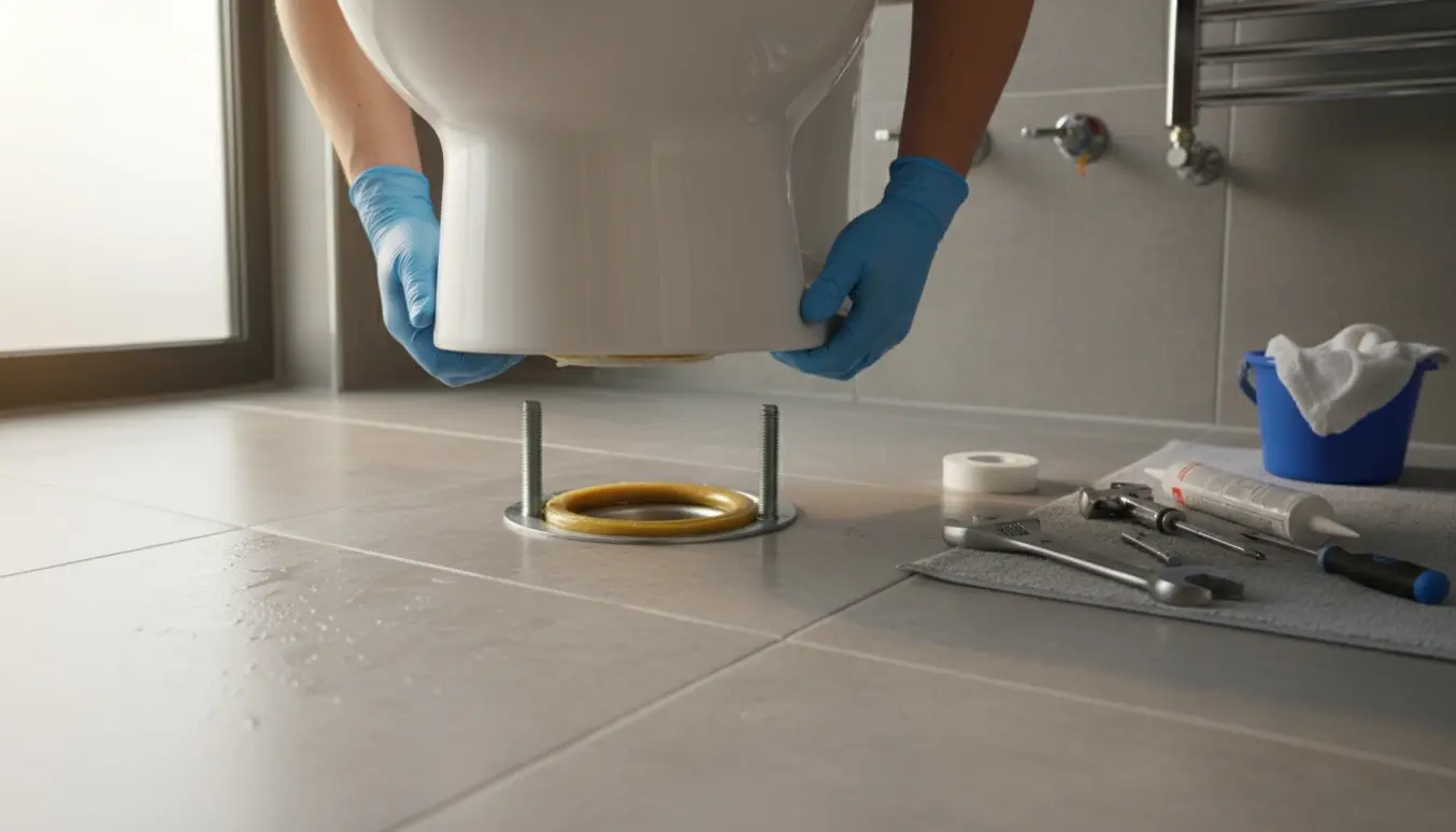 Udskiftning af et gulvmonteret toilet med håndværker, der justerer porcelænskummen over en ny voksring.