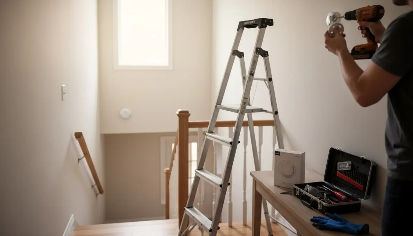 Tekniker monterer brandalarm i trappeopgangen med åbent værktøjskasse og ekstra alarm klar.