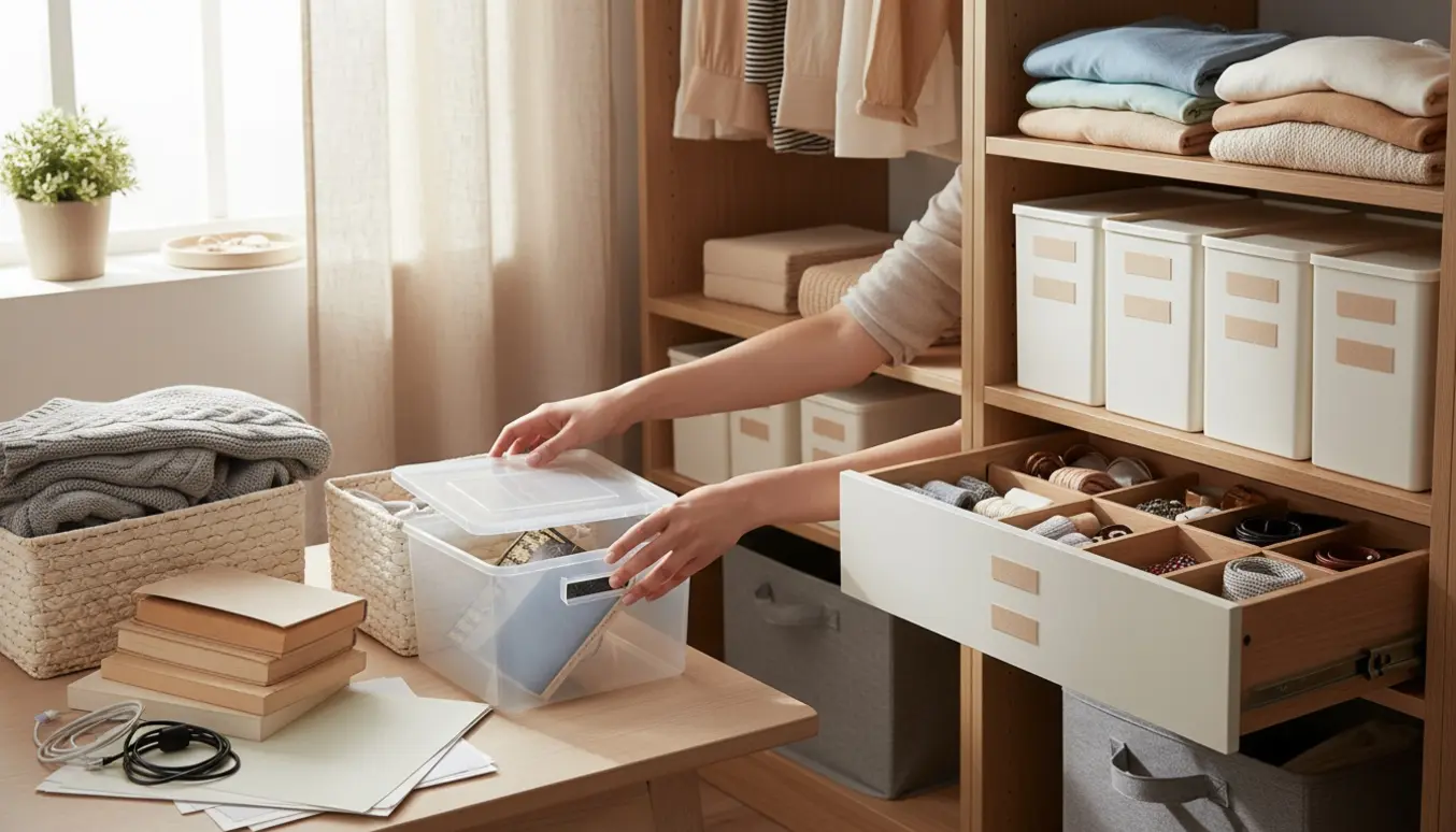 Hænder organiserer tøj og ting i kurve og opbevaringsbokse i et lyst, ryddeligt hjørne af hjemmet.