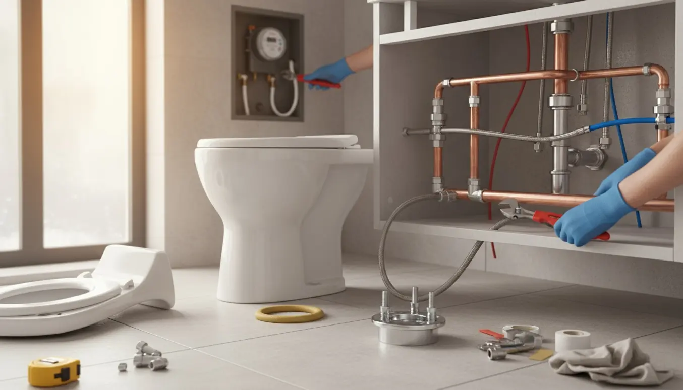 VVS-arbejde i et moderne badeværelse med nyt toilet, udskiftede vandrør ved vasken og justering af lufttilførsel ved vandmåleren.