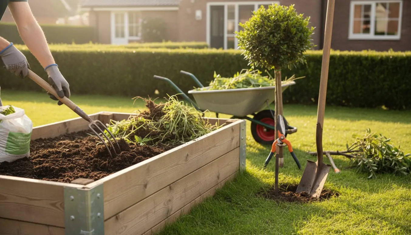 Havearbejde med rensning af ukrudt, højbedspleje, beskæring af træ og gravning omkring en flagstangspæl.