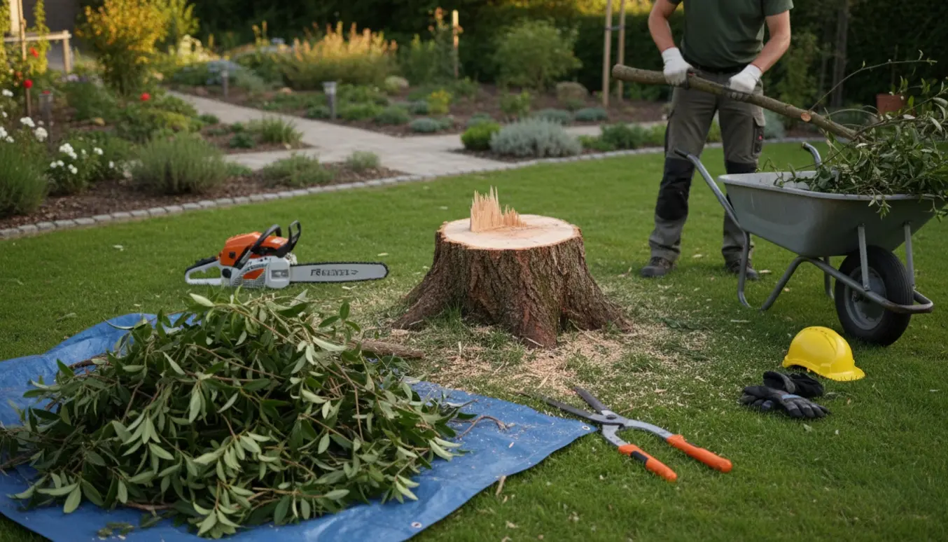 Afskårne grene, stump og haveredskaber ved fjernelse af en stor busk i en have.
