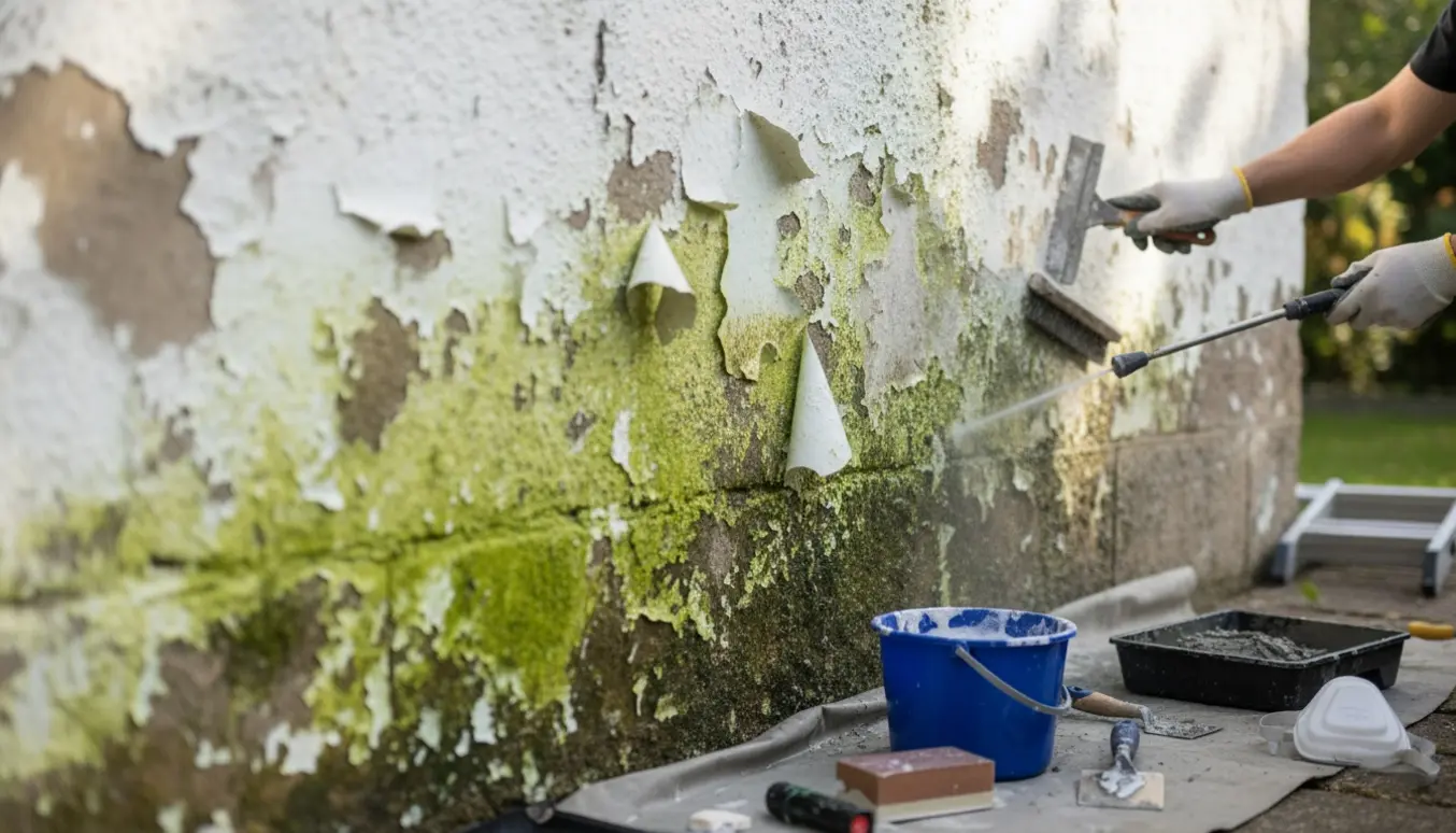 Nærbillede af udendørs mur med afskallet maling og grønne alger, hvor handskeklædte hænder skraber og rengør overfladen.