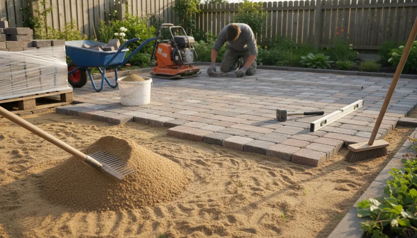 Delvist færdig terrasse af herregårdssten på sand med bunke sand og værktøj.