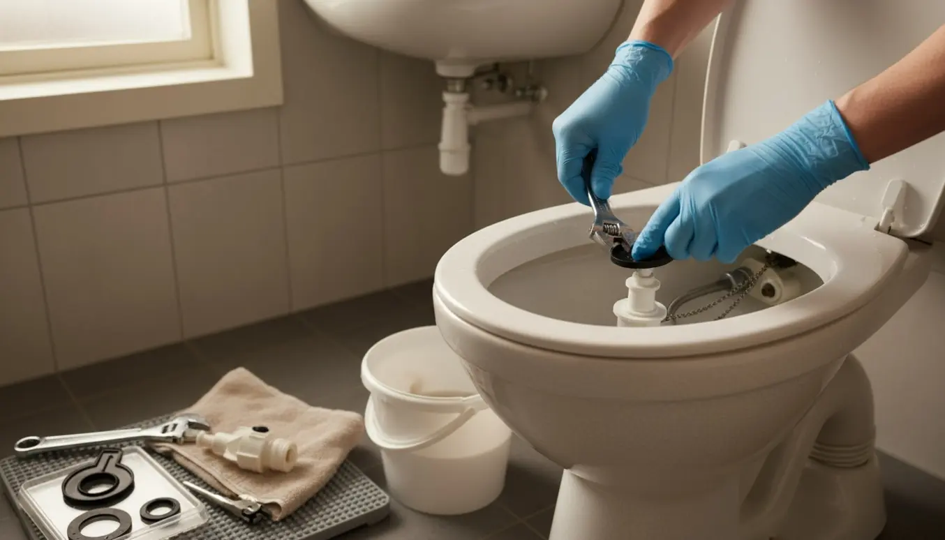 Åbent toilettank med værktøj og handske‑klædte hænder, der reparerer en løbende cisterne.