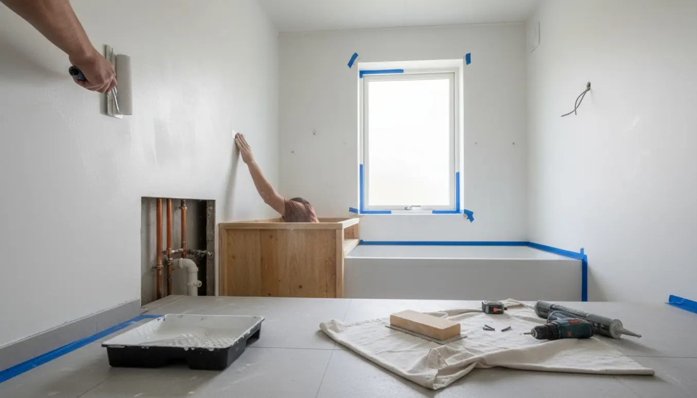 Hvidt badeværelse under renovering med hænder, malerullering, værktøj og en nydeligt bygget rørkasse ved rørene.