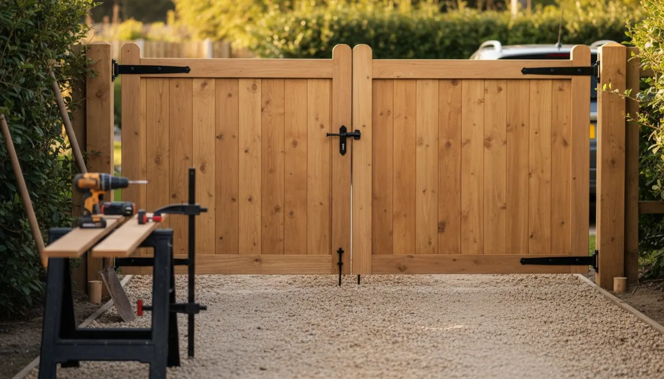 Træhavelåge over indkørsel i varmt naturligt lys med værktøj og en bil lige bagved.