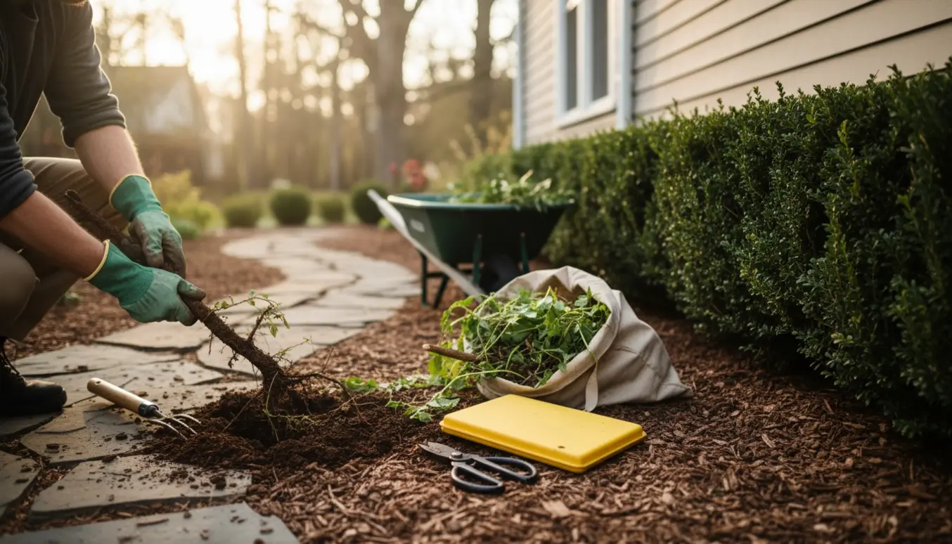 Hænder luger et bed og en nyklippet hæk langs husets facade.
