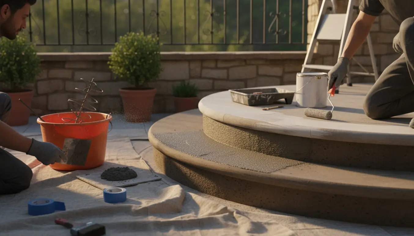 Nærbillede af renovering af terrassetrappe med afpudsning og maling af afrundede, brede trin.