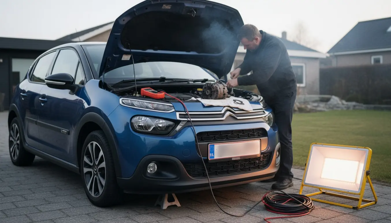 Citroën C3 med åben motorhjelm på indkørsel, hvid røg og værktøj spredt omkring mens en mekaniker arbejder med motoren.