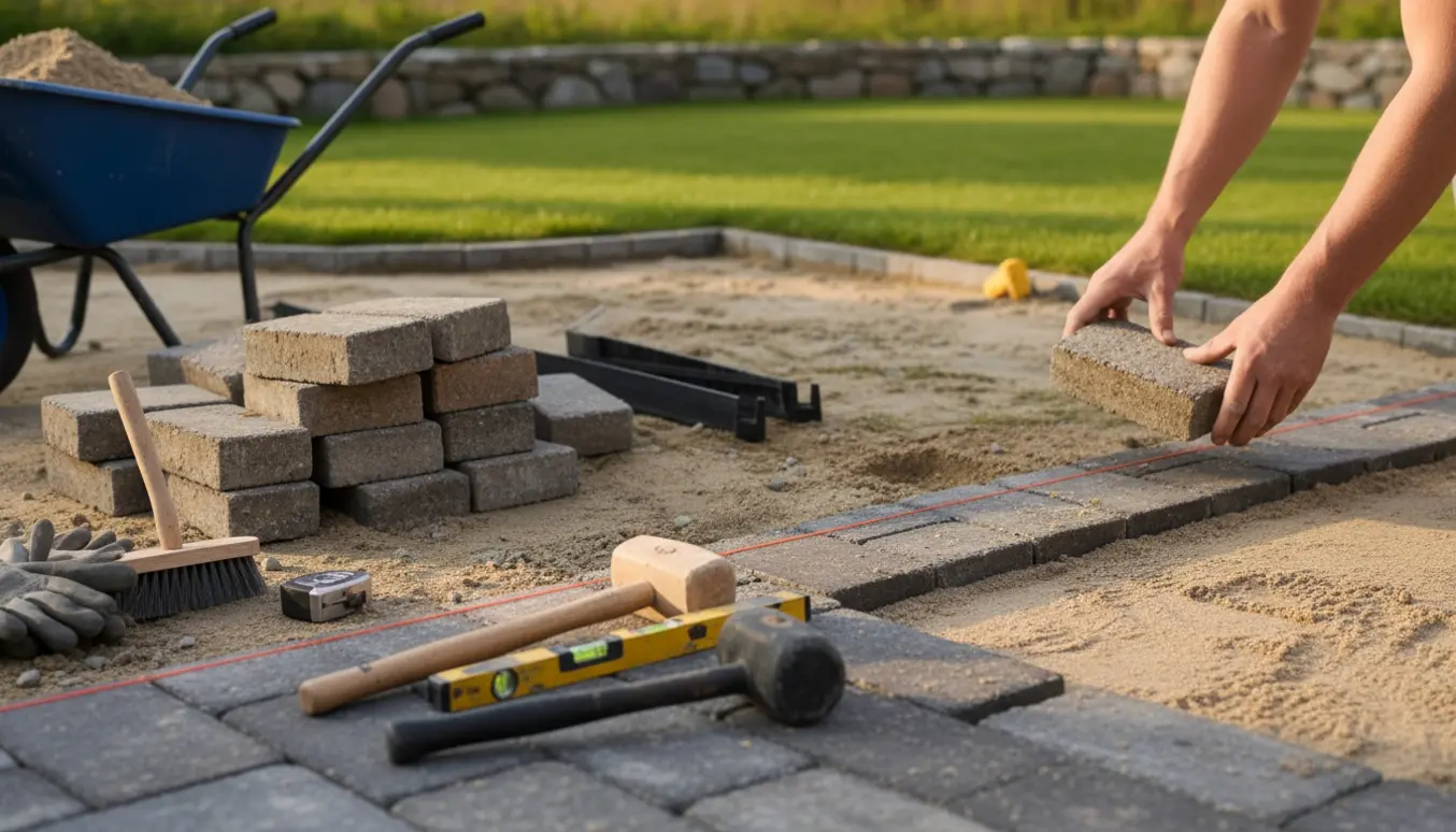 Hænder omlægger terrasse med genbrugte Herregårdsfliser på en ny sandbund med værktøj ved siden af.