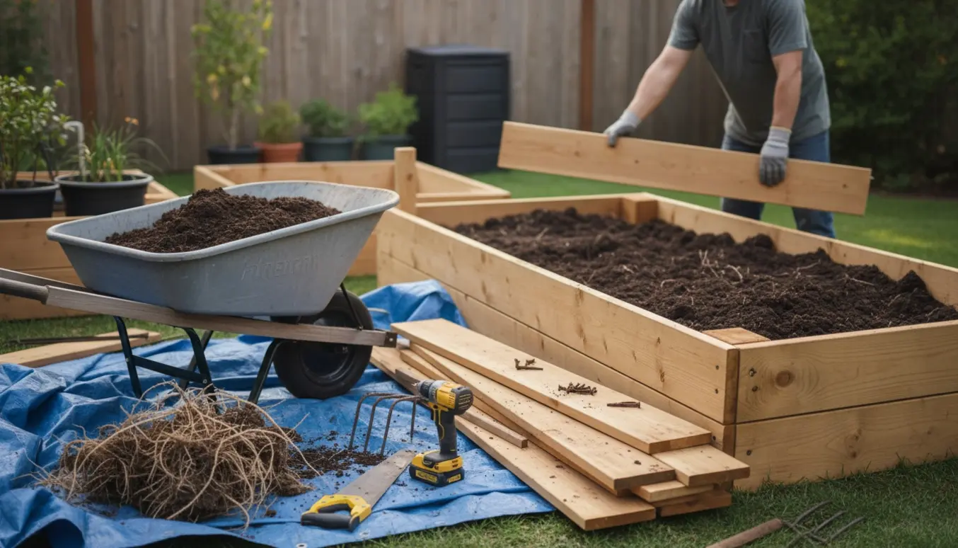 Delvist nedtaget langt højbed i baghaven med stablede træplanker, trillebør fyldt med jord og arbejdshandsker.