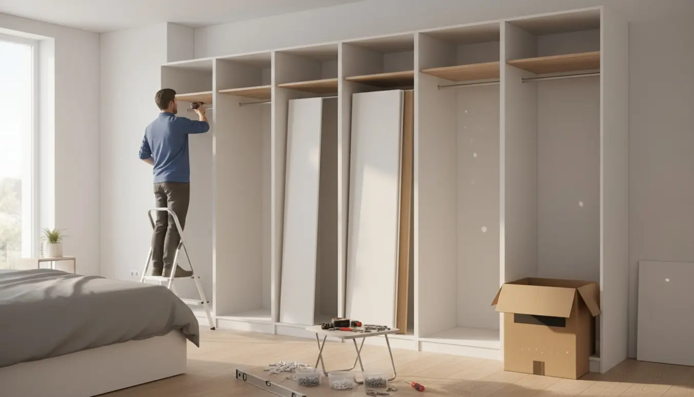 Seks-fags Pax-garderobe under montering på gipsvæg i et lyst soveværelse med værktøj og udfoldet emballage.