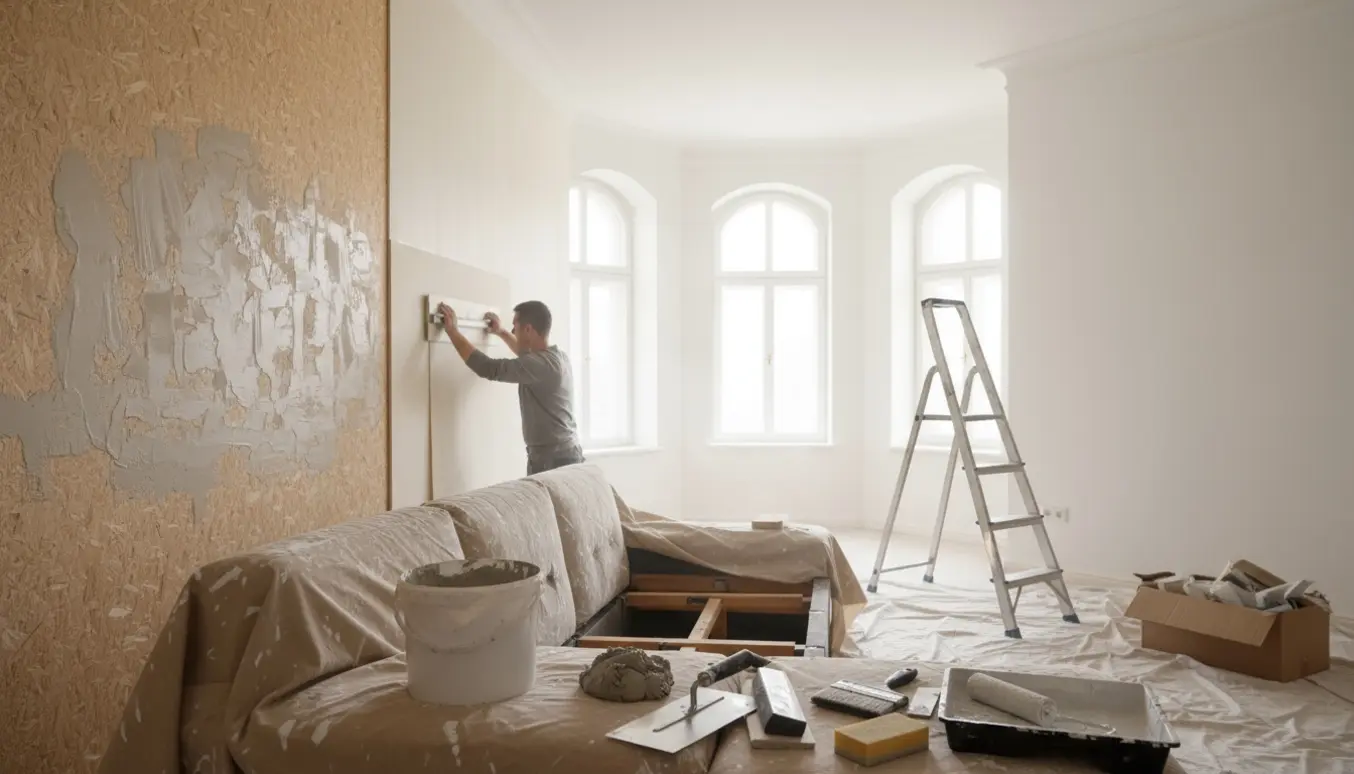 Stor stue under istandsættelse med spartelarbejde, filt på væg og nymalet hvid vægoverflade.