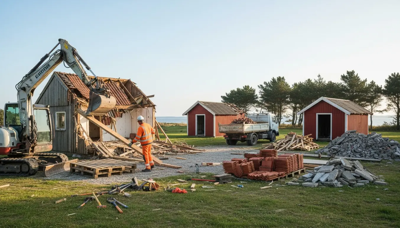 Nedrivning af et 67 m² sommerhus og to 10 m² skure med gravemaskine, containere og bunker af byggeaffald ved kysten.
