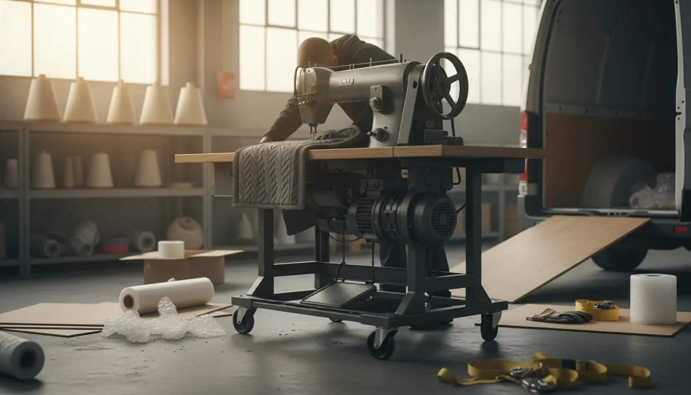 En industrisymaskine løftes på en vogn ved en lastkaj til afhentning.