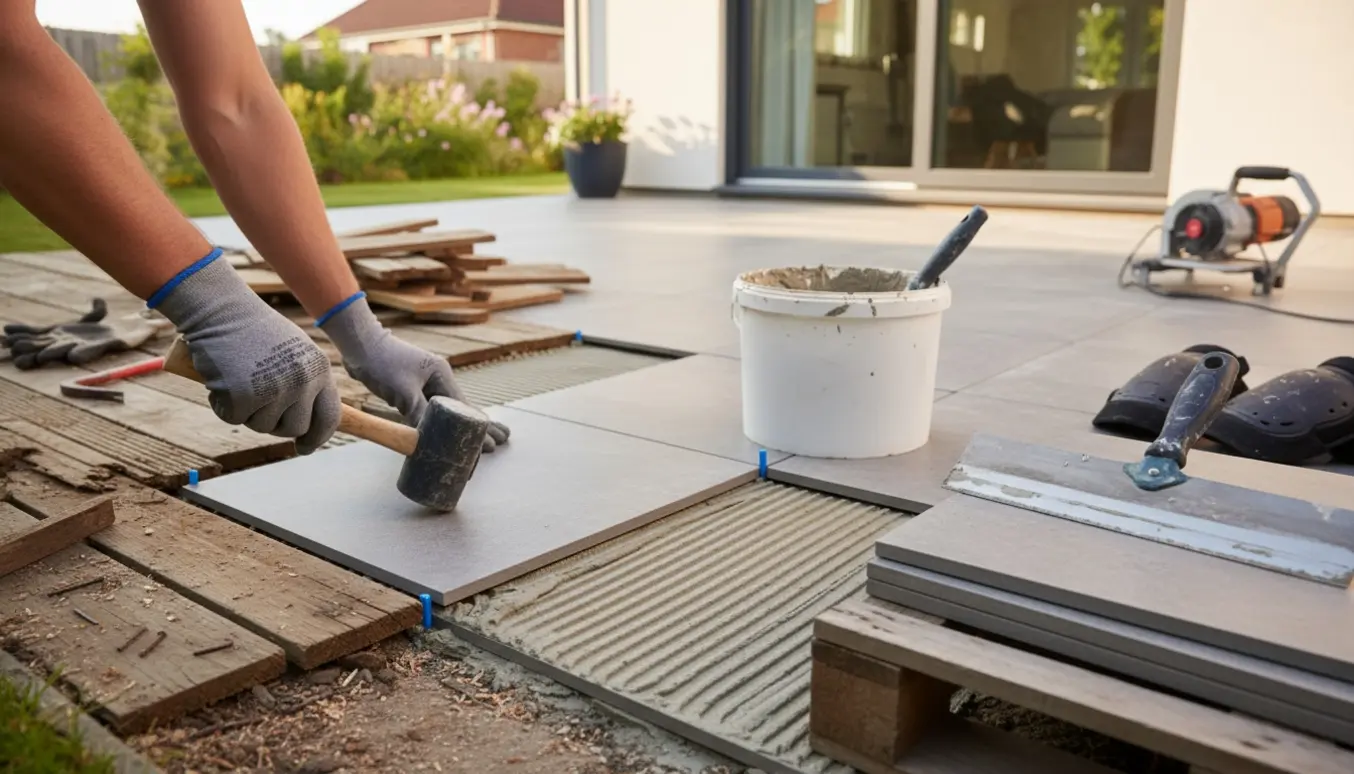 Delvis fjernet træterrasse, hvor nye udendørsfliser lægges med flislim og fugeklodser.