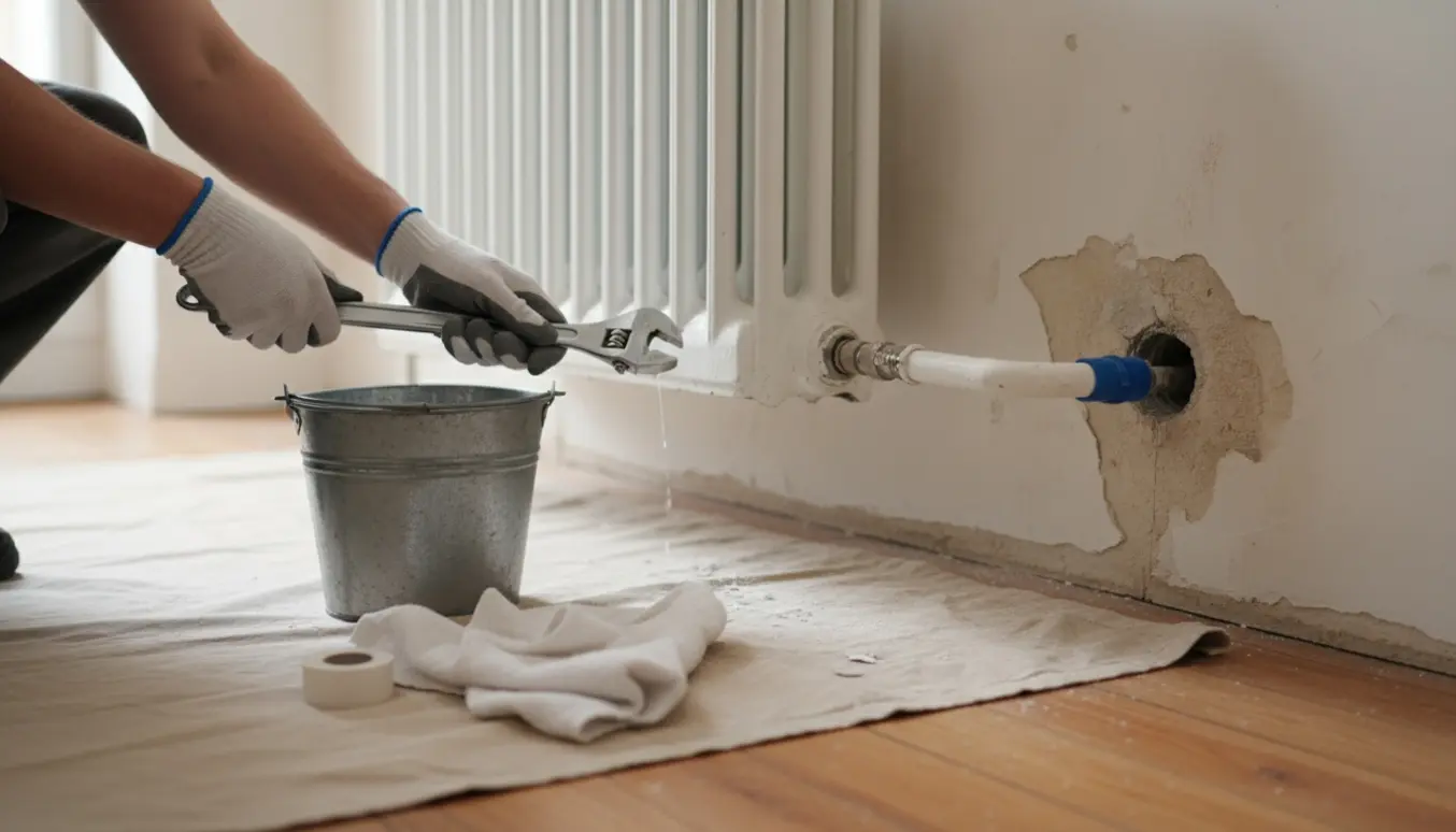 Hænder afmonterer en vægradiator med skruenøgle og spand, klar til reparation af væg.